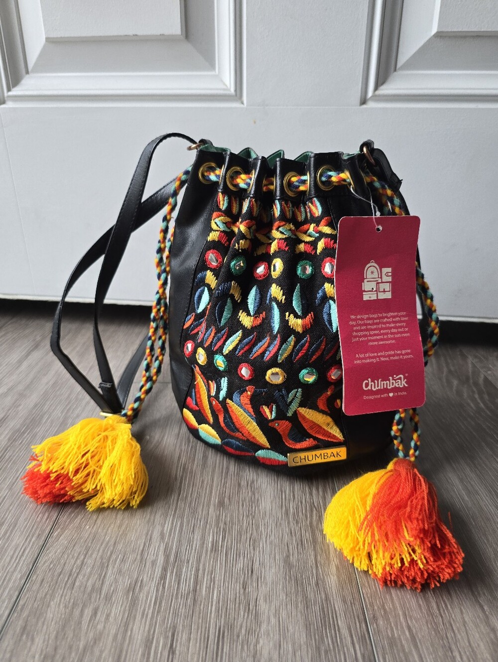 Chumbak Tribal Birds Bucket Bag Black Embroidered Mirror Tassel Boho Crossbody